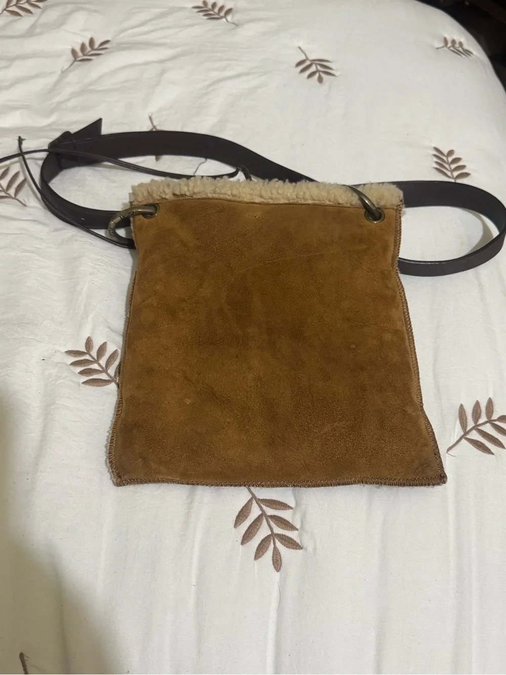 UGG Brown Suede and Dark Brown Leather Messenger Bag with Shearling Trim